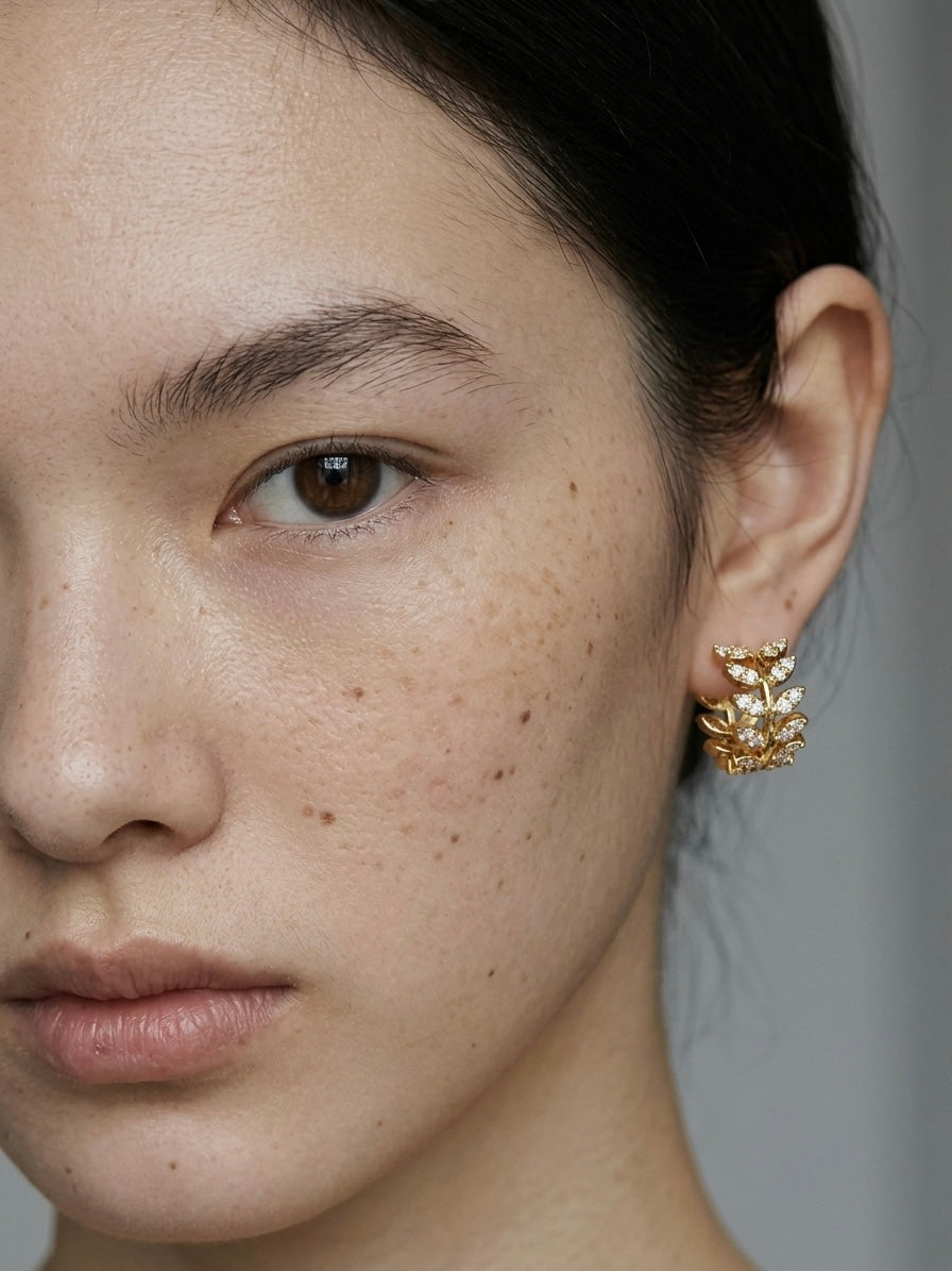 GOLD PAVÉ LAUREL LEAF HUGGER HOOPS