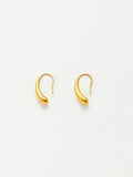 A pair of small gold teardrop-shaped dangle earrings with hook backs, displayed on a clean white background.