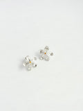 A pair of silver flower-shaped stud earrings with a small gold center, displayed on a clean white background.