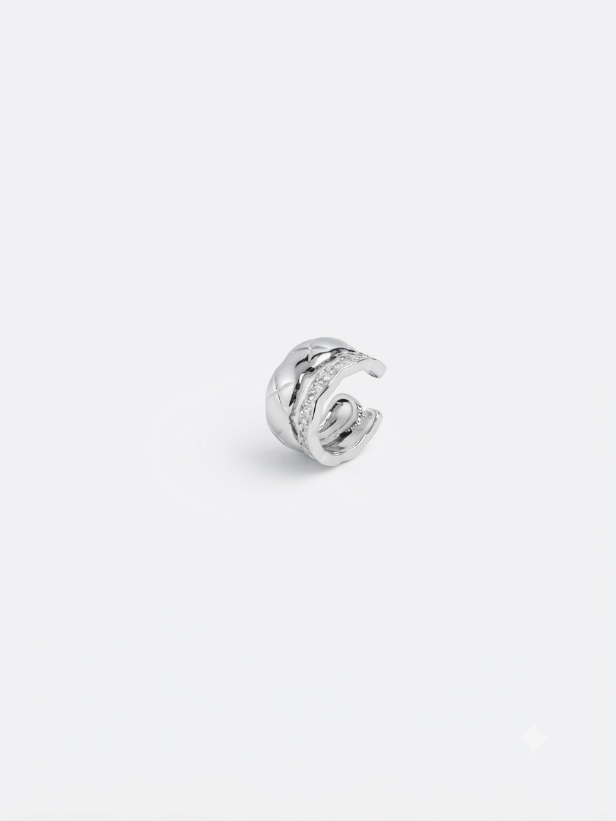 SILVER QUILTED AND PAVÉ DOUBLE EAR CUFF