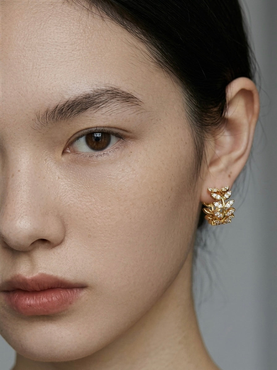 GOLD PAVÉ LAUREL LEAF HUGGER HOOPS