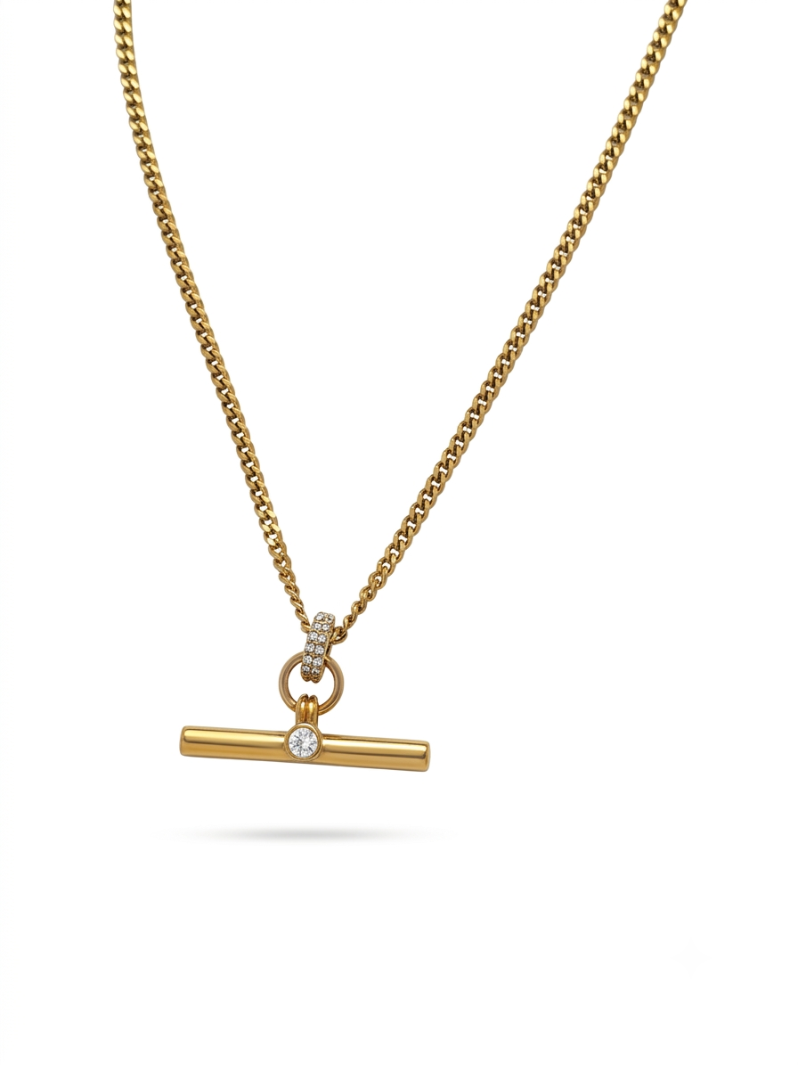 GOLD T-BAR SOLITAIRE PENDANT NECKLACE