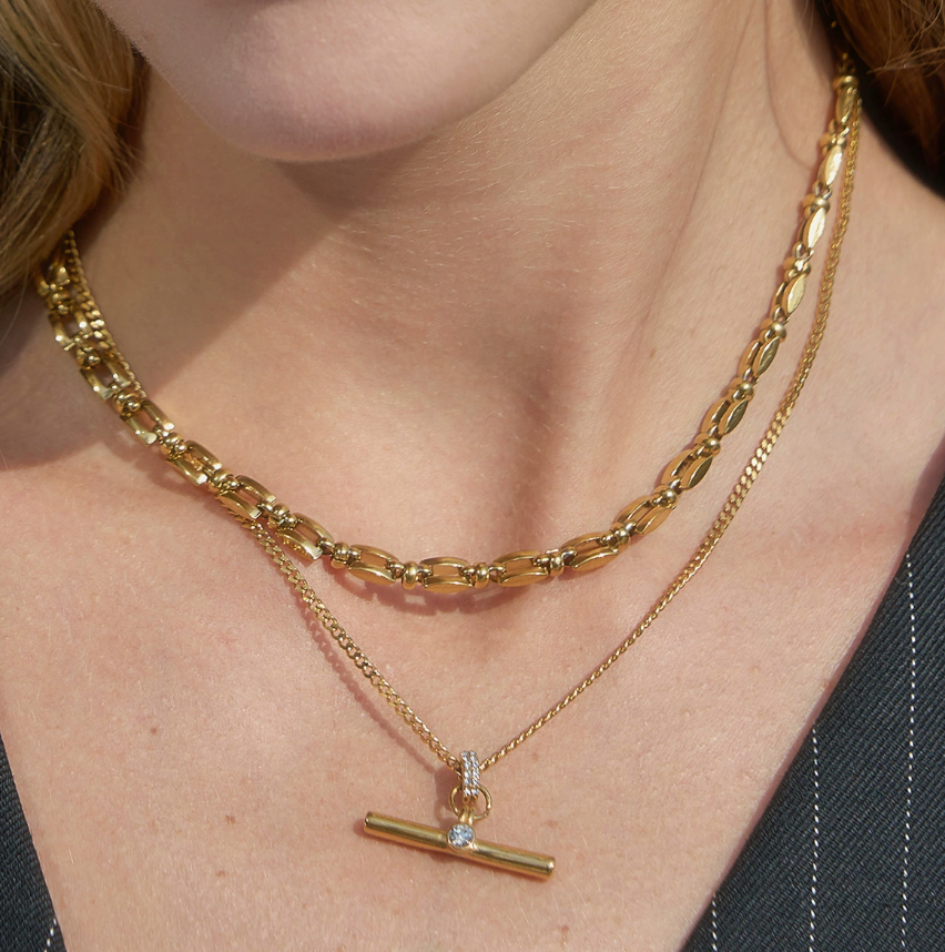 GOLD T-BAR SOLITAIRE PENDANT NECKLACE
