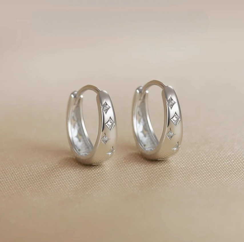 SILVER STARBURST ENGRAVED HUGGER HOOPS